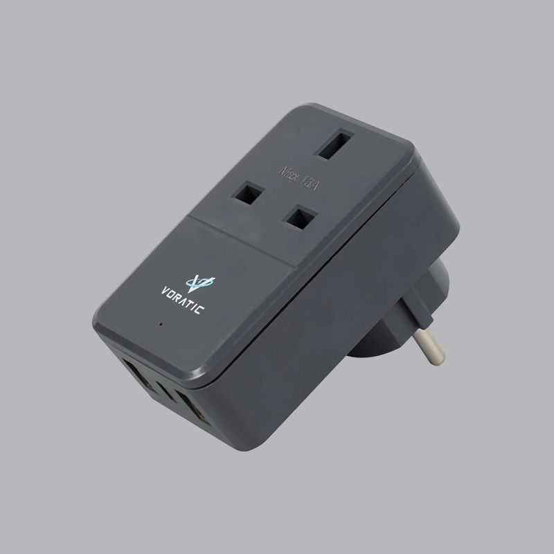 VT-925-DE Reino Unido para a Alemanha, 1 soquete, 2 portas USB, 1 adaptador de portas tipo C